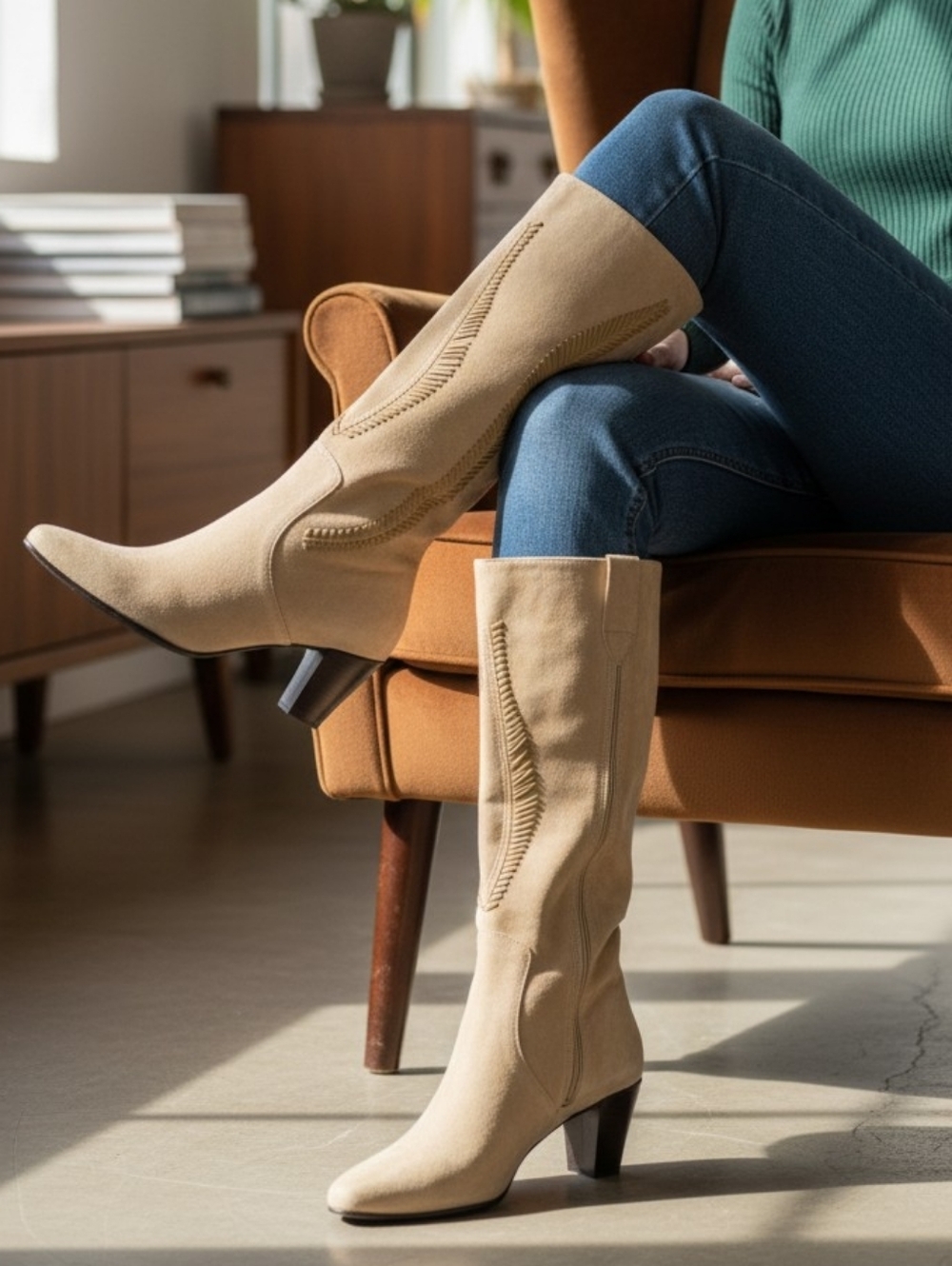 Like New Leather Beige Mid-Calf Women's Heeled Boots. Size 8.5M